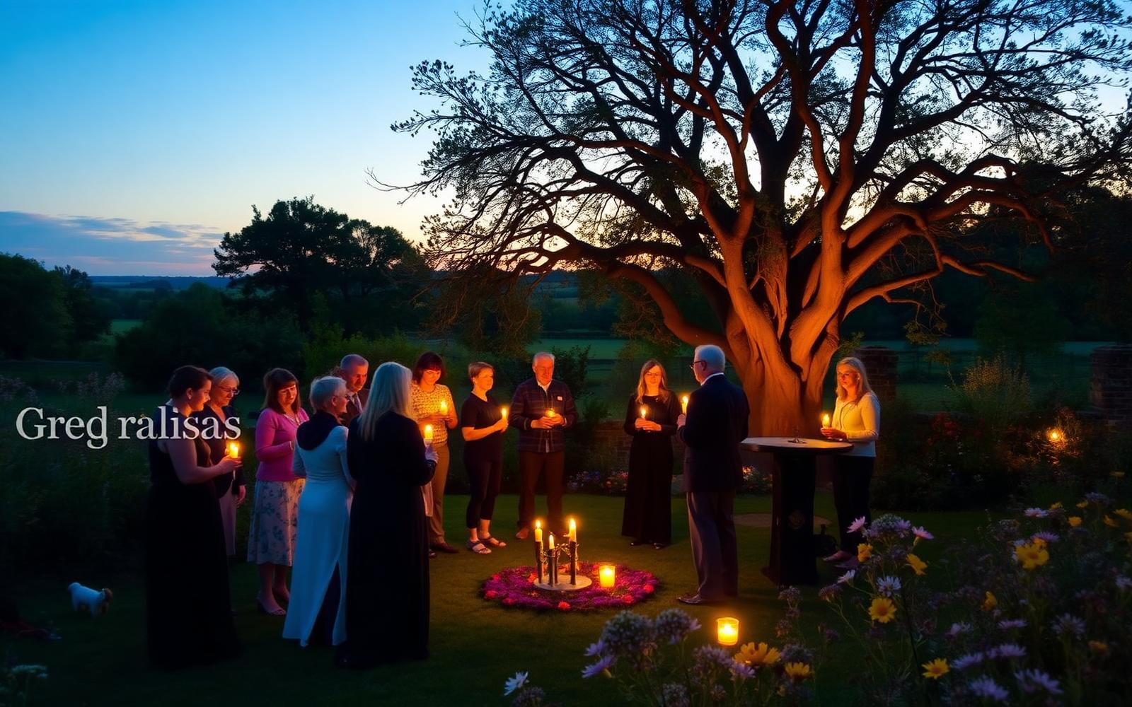Candlelit gathering under an ancient tree at dusk in a Dorset garden.