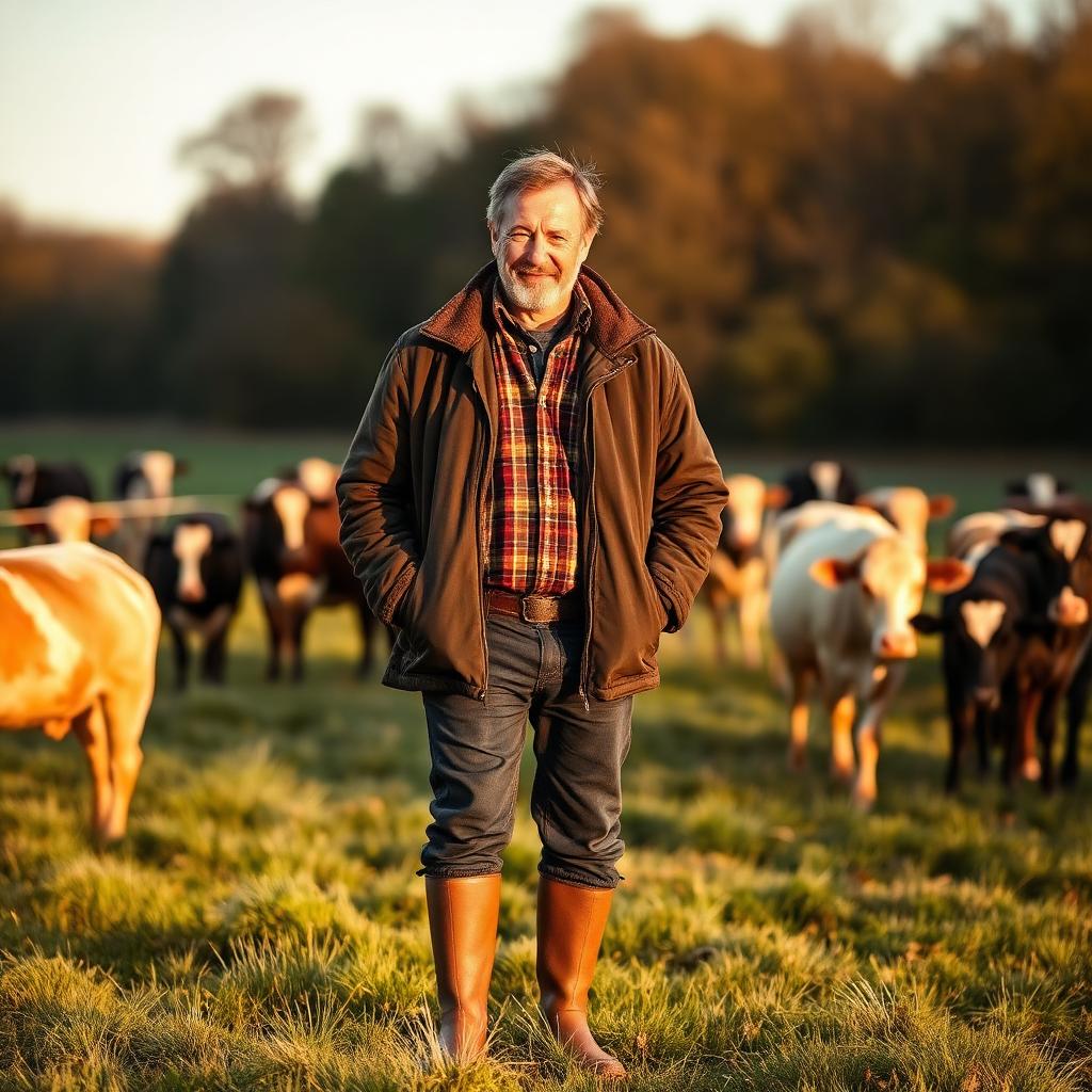 A Dorset farmer with his herd at golden hour