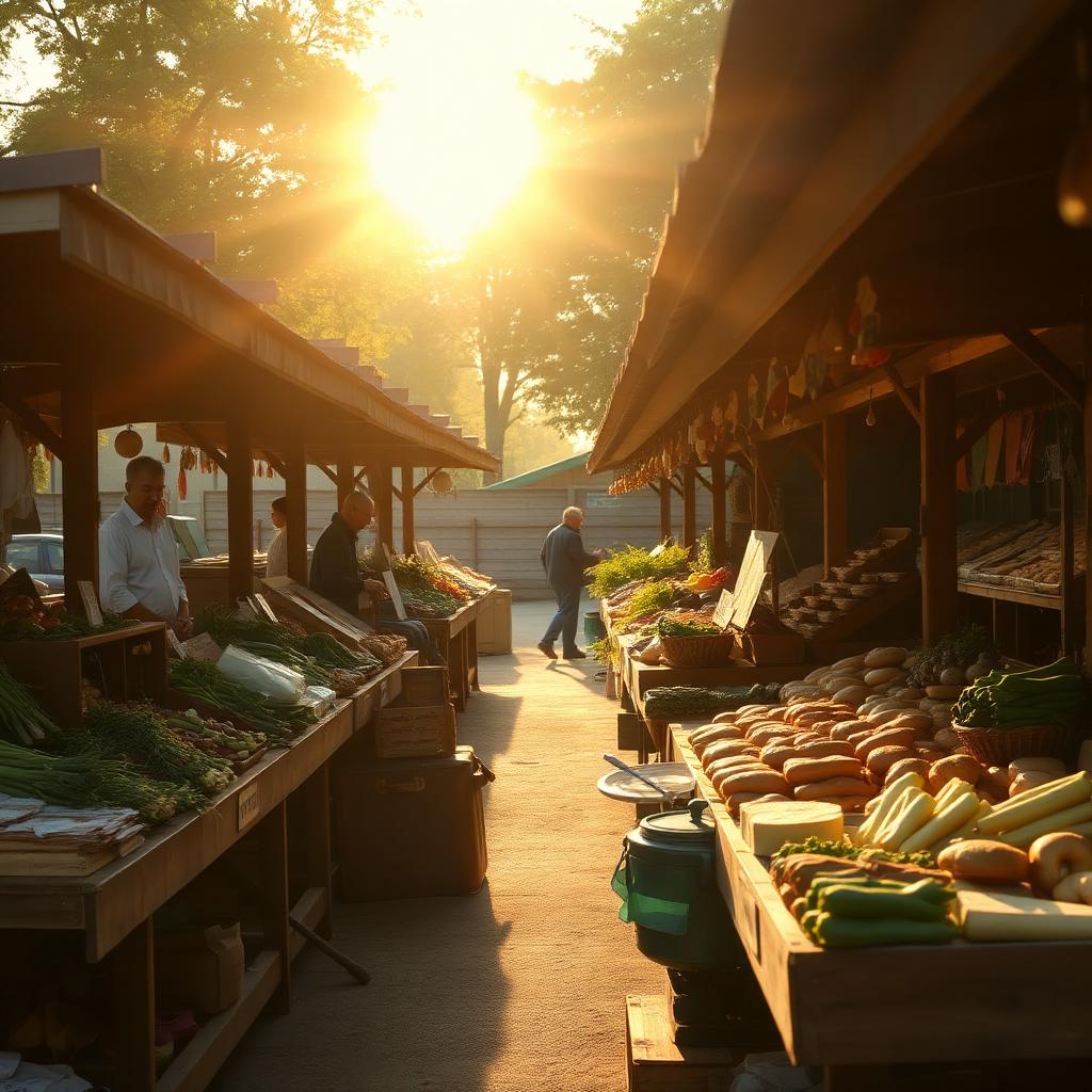 Golden-hour Dorset farmers market with wooden stalls
